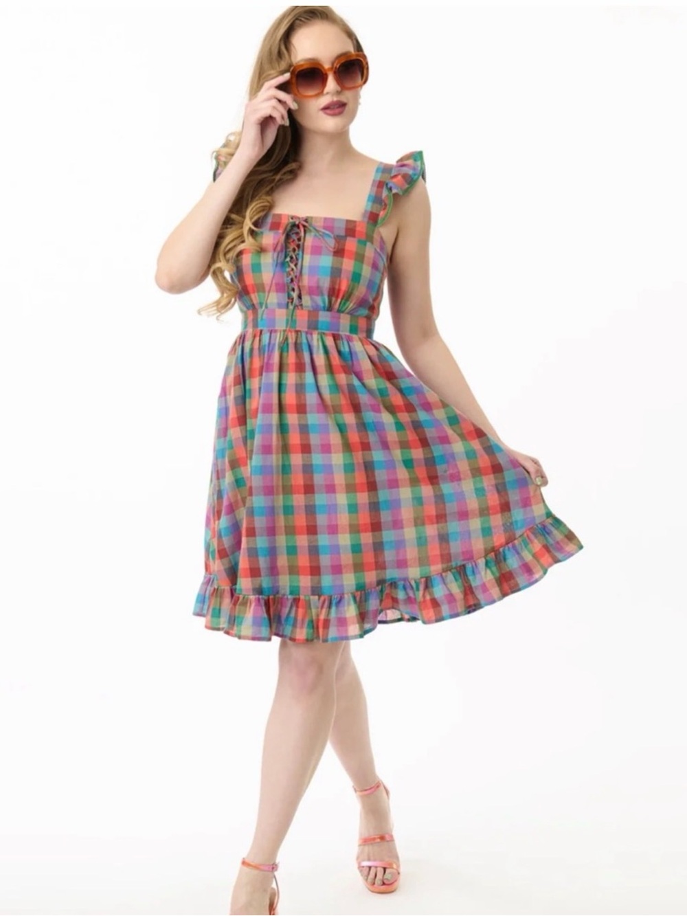 Smak Parlour Rainbow Plaid Corset Fit & Flare Dress Size Medium
